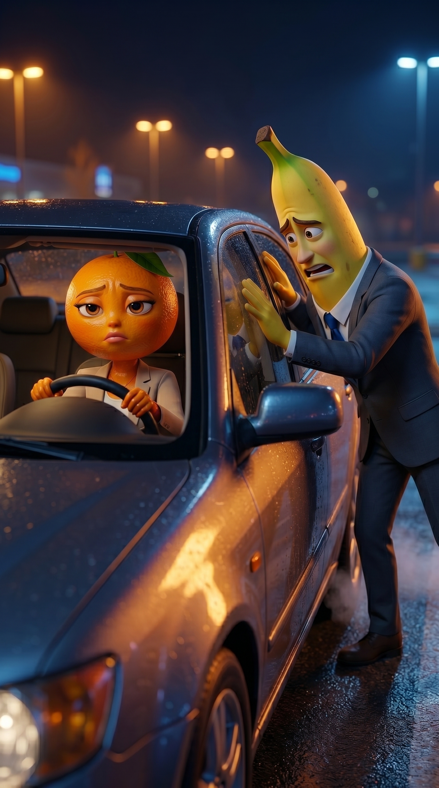 Escena dramática nocturna de dos personajes animados con IA junto a un auto bajo la lluvia